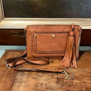 Melie Bianco Sawyer Crossbody Wristlet bag vegan leather flat clutch w/ tassel
